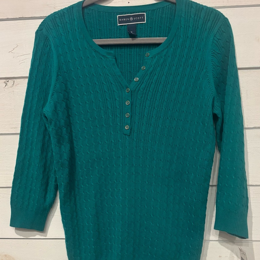 Karen Scott NWT Women's Teal Green Henley 3/4 Sleeve  Sweater in size medium - Picture 2 of 8